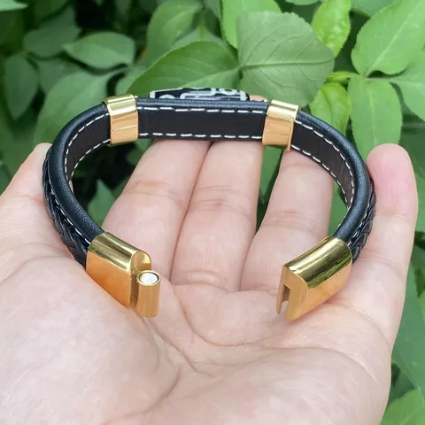 Retro Men Leather Braided Bracelet Vintage Ethnic Style Totem Dzi Bead Magnetic Clasp Copper Gold Plated Hand Chain Jewelry