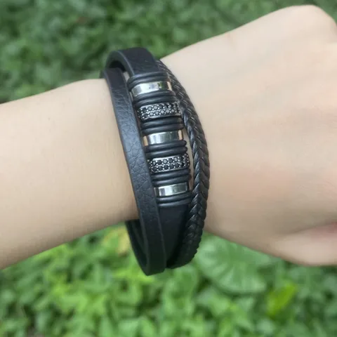 Herren Unisex Mehrlagiges Lederkordel Geflochtenes Seil Armband Kupfer Strass Geometrische Perle Magnetverschluss Manschette Handschmuck