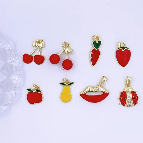 DIY Fruit Insect Charms Copper Electroplated Enamel Cherry Apple Strawberry Carrot Ladybug Rhinestone Pendants For Jewelry Making Keychain