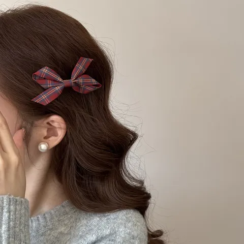 Koreanischer Stil Rot Blau Kariert Schleife Haarspange Vintage 3D Baumwollmischung Karo Haarschmuck Für Damen Retro Schleifen Seitenhaarnadel BB Clip