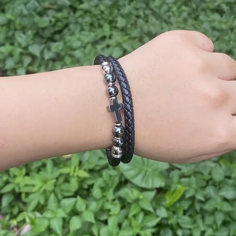 Kupfer Galvanisiert Mehrlagiges Geflochtenes Armband Punk Kreuz Magnetverschluss Handschmuck Für Unisex