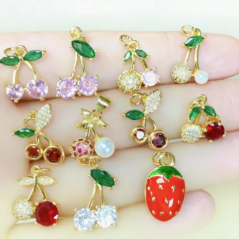 Fashion Copper Fruit Pendant Micro Inlaid Rhinestone Sweet Cherry Strawberry Hanging Charms With Artificial Pearl For DIY Necklace Jewelry Making Accessories