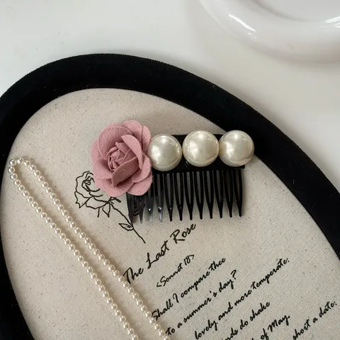 French Style Elegant Artificial Pearl Hair Comb Vintage Cloth Flower Hair Pins Accessories For Women Wedding Daily Jewelry