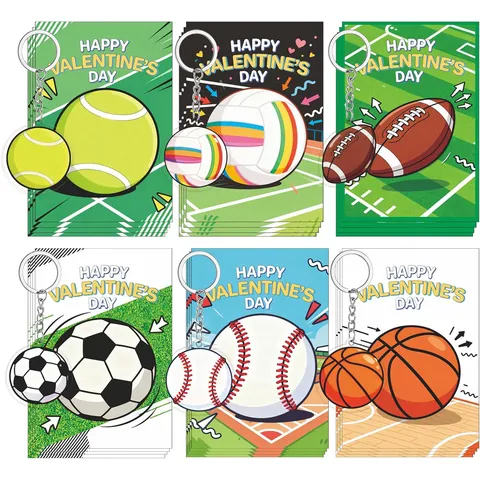 Kinder Sport Valentinstag Grußkarten Acryl Schlüsselanhänger Set Fußball Basketball Bedruckt Cartoon Schule Klassenzimmer Geschenk Austausch Schmuck