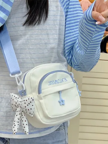 Women Casual Nylon Crossbody Bag Multi Pocket Lightweight Shoulder Bag Cute Bow Daily Mobile Phone Bag