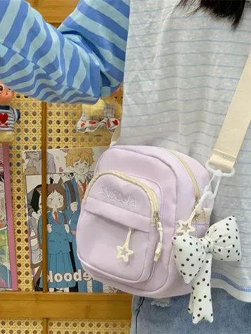 Women Casual Nylon Crossbody Bag Multi Pocket Lightweight Shoulder Bag Cute Bow Daily Mobile Phone Bag
