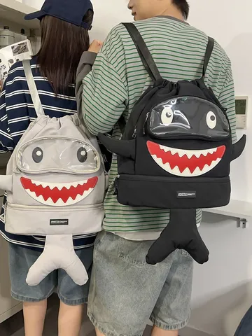 Cartoon Shark Backpack Large Capacity Waterproof Travel School Bag For Men Women Casual Daypack With Shoe Compartment