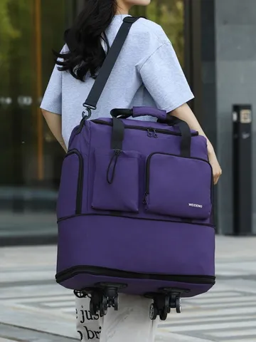 Large Capacity Rolling Travel Bag Foldable Luggage Duffel Bag Wear-Resistant Oxford Cloth Travel Backpack For Outdoor Trip