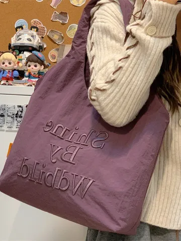Casual Nylon Tote Bag Women Large Capacity Shoulder Handbag Lightweight Commuting Shopper Bag With Embroidery