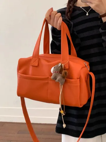 Women Fashion PU Leather Tote Bag Large Capacity Casual Commuter Shoulder Crossbody Bag Daily Handbag With Cute Pendant