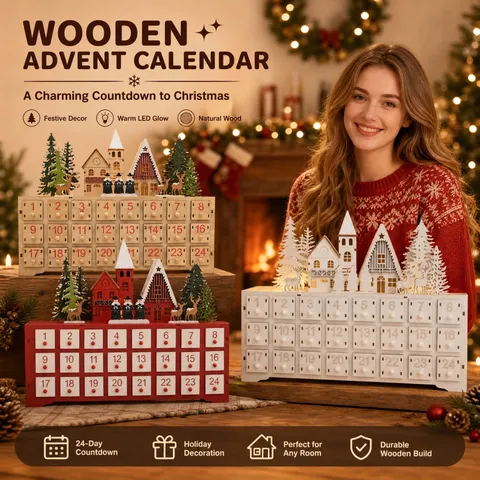 Wooden Christmas Advent Calendar With 24 Drawers LED Light Countdown Ornament German Village Scene Desktop Decoration Holiday Gift