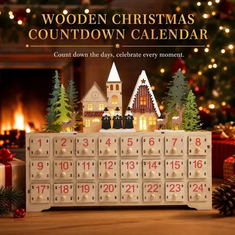 Handcrafted Wooden Christmas Advent Calendar 24 Drawers Village Scene With LED Light Festive Holiday Countdown Desktop Decor