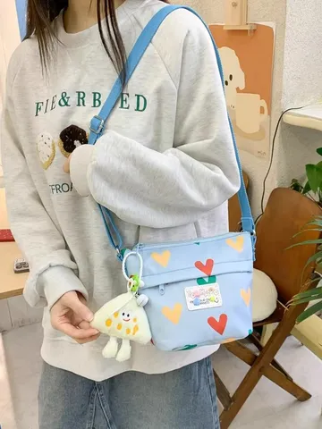 Cute Nylon Heart Print Crossbody Bag Sweet Small Bucket Shoulder Bag For Women Kids Casual Daily Storage Messenger Bag
