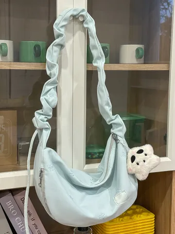 Large Capacity Nylon Cloud Crossbody Bag For Women Pleated Strap Shoulder Bag With Bow Embroidery Cute Bear Keychain Student Commuter Bag