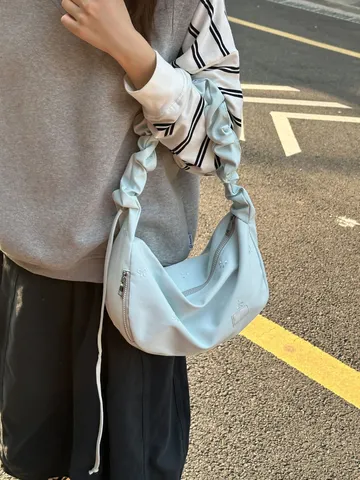 Large Capacity Nylon Cloud Crossbody Bag For Women Pleated Strap Shoulder Bag With Bow Embroidery Cute Bear Keychain Student Commuter Bag