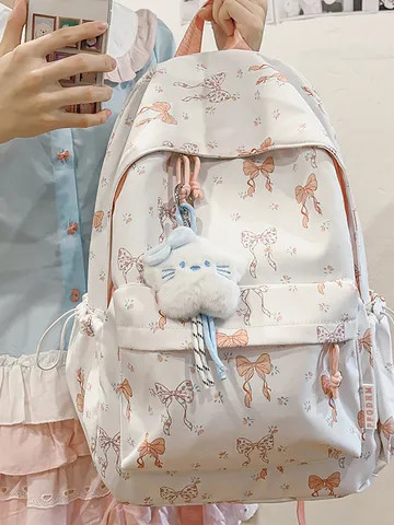 Japanese Style Large Capacity Nylon Backpack Ribbon Bowknot Printed Student School Bag Travel Rucksack For Girls Women Sweet Aesthetic Bag