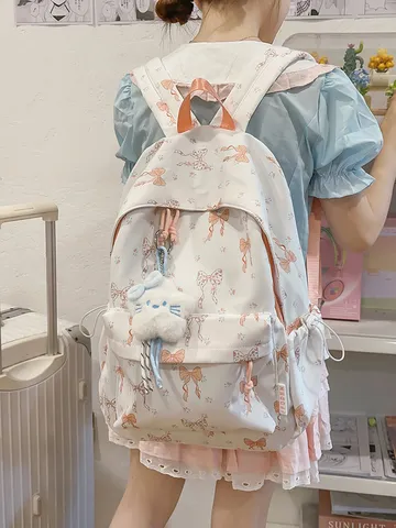 Japanese Style Large Capacity Nylon Backpack Ribbon Bowknot Printed Student School Bag Travel Rucksack For Girls Women Sweet Aesthetic Bag