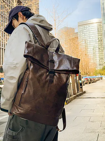 Vintage PU Leather Roll Top Backpack For Men Women Large Capacity Casual Travel Laptop Bookbag Stylish Commuter Daypack