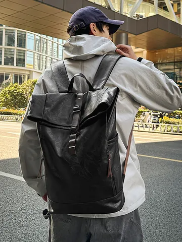 Vintage PU Leather Roll Top Backpack For Men Women Large Capacity Casual Travel Laptop Bookbag Stylish Commuter Daypack