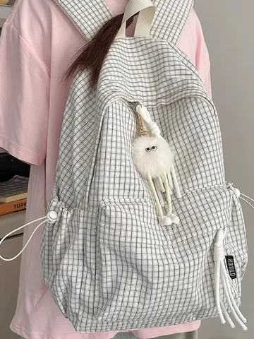 Korean Ins Style Plaid Backpack For Women Girls Large Capacity Lightweight Laptop Backpack For High School Students Daily Casual Travel Bag With Plush Pendant