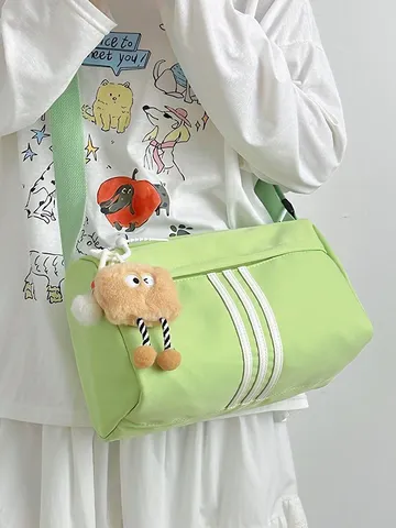 Women Large Capacity Nylon Crossbody Bag Street Trend Shoulder Bag With Three Stripes Decoration And Plush Pendant Lightweight Travel Messenger Bag
