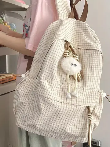 Korean Ins Style Plaid Backpack For Women Girls Large Capacity Lightweight Laptop Backpack For High School Students Daily Casual Travel Bag With Plush Pendant