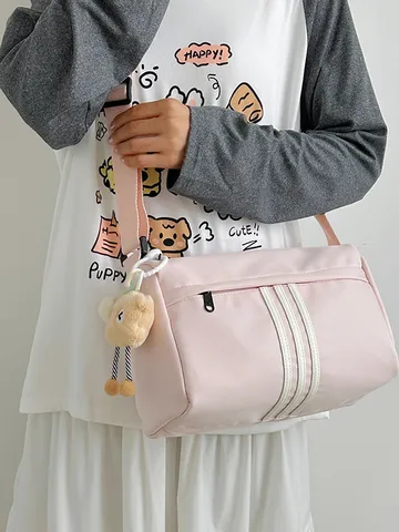 Women Large Capacity Nylon Crossbody Bag Street Trend Shoulder Bag With Three Stripes Decoration And Plush Pendant Lightweight Travel Messenger Bag
