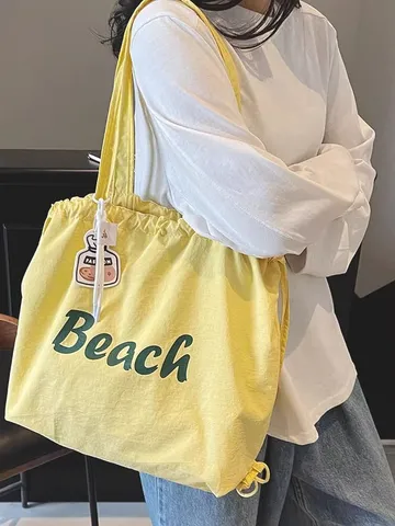 Sac Fourre-tout en Nylon à Cordon de Serrage Style Coréen Léger Décontracté Grande Capacité Imprimé Beach Sac à Dos