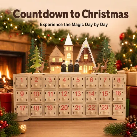 Wooden Christmas Advent Calendar With 24 Drawers LED Light Countdown Ornament German Village Scene Desktop Decoration Holiday Gift