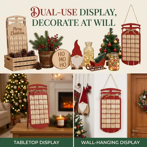 Christmas Wooden Advent Calendar Sleigh Shape Standing Hanging Countdown Calendar Decoration With Drawers For Xmas Holiday Home Table Ornament Gift