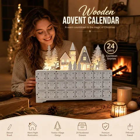 Wooden Christmas Advent Calendar With 24 Drawers LED Light German Village Scene Painted Wood Countdown Ornament Holiday Decor