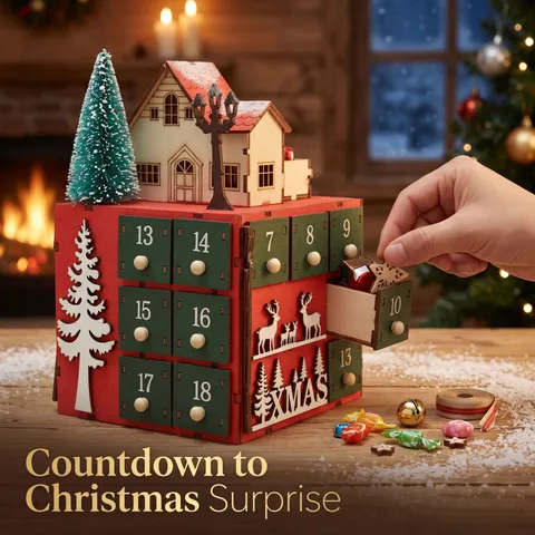 Christmas Countdown Advent Calendar Wooden Village House With 24 Drawers Traditional Xmas Tabletop Decoration Red Painted Wood Ornament Gift