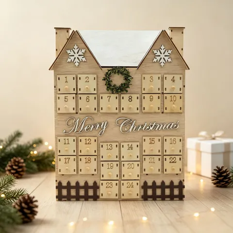 Calendario de Adviento de Navidad de Madera Casa con Cajones Múltiples Cuenta Regresiva Adorno de Escritorio Regalo
