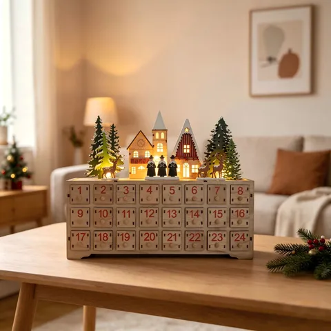 Handcrafted Wooden Christmas Advent Calendar 24 Drawers Village Scene With LED Light Festive Holiday Countdown Desktop Decor