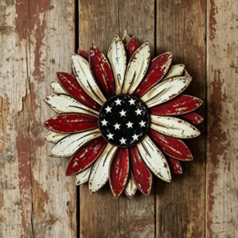 Patriotic Independence Day Wooden Door Sign American Flag Stars Stripes Daisy Shape Porch Wall Decor Hanging Wreath Ornament