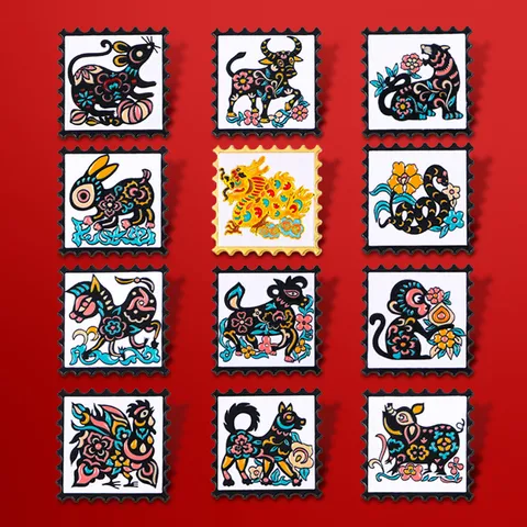 Original Chinesisches Tierkreiszeichen Emaille Pin Set Cartoon Tier Briefmarke Brosche Abzeichen Legierung Tropföl Reversnadel Für Kleidung Tasche Schmuck Geschenk