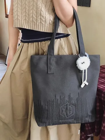Women Retro Large Capacity Canvas Tote Bag Casual Shoulder Bag For School Commute Student Laptop Bag With Plush Pendant