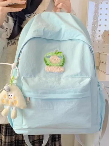 Japanese Style Cute Nylon Backpack Casual Solid Color Travel Bookbag With Cartoon Embroidery Patch For College High School Girls Women