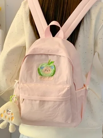 Japanese Style Cute Nylon Backpack Casual Solid Color Travel Bookbag With Cartoon Embroidery Patch For College High School Girls Women