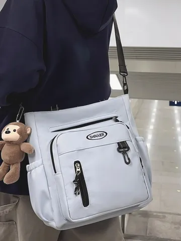 SHINAIER Large Capacity Nylon Tote Bag For Students Art Class Multi-Pocket Waterproof Messenger Crossbody Bag With Monkey Charm Unisex Shoulder Bag