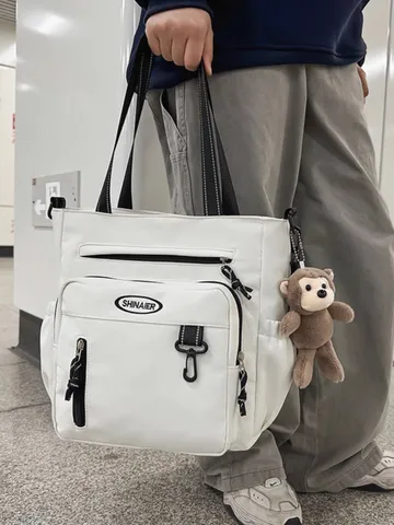SHINAIER Large Capacity Nylon Tote Bag For Students Art Class Multi-Pocket Waterproof Messenger Crossbody Bag With Monkey Charm Unisex Shoulder Bag
