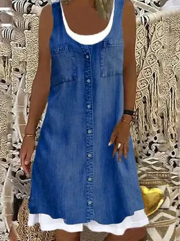 Women's Sleeveless Polyester Dress Faux Two-Piece Button Down Denim Look Casual Streetwear Printed Midi Dress For Daily Wear
