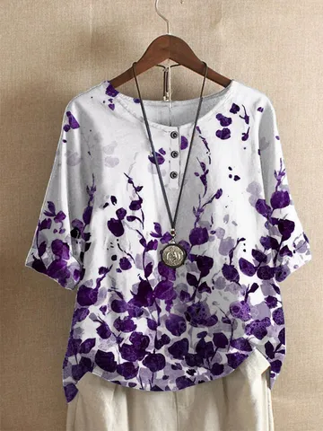 Camiseta Informal Holgada para Mujer con Estampado Floral Cuello Redondo Botón Manga Corta Top de Poliéster Moda