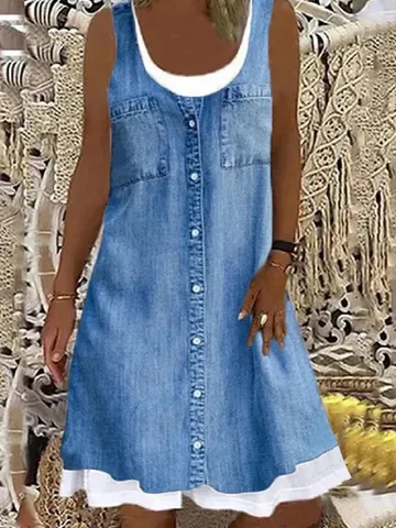 Women's Sleeveless Polyester Dress Faux Two-Piece Button Down Denim Look Casual Streetwear Printed Midi Dress For Daily Wear