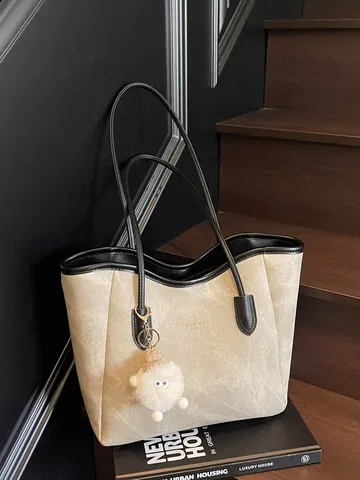 Women Large Capacity PU Leather Tote Bag Fashion Commuting Shoulder Bag With Plush Charm Soft Casual Handbag 2025 New Trend