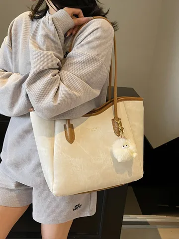 Women Large Capacity PU Leather Tote Bag Fashion Commuting Shoulder Bag With Plush Charm Soft Casual Handbag 2025 New Trend