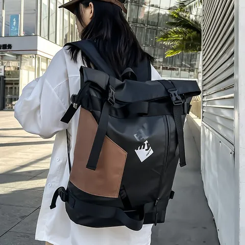 Fashion Unisex Roll-Top Nylon Backpack Techwear Color Block Large Capacity Casual Waterproof Backpack For College High School Students Laptop Travel Bag