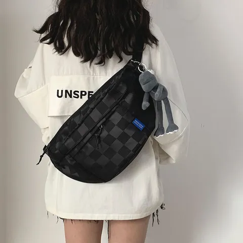 Large Capacity Checkerboard Chest Bag For Women Men Casual Nylon Waist Bag Urban Workwear Sling Bag Crossbody Bag Outdoor