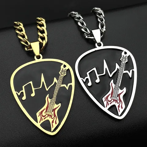 Stainless Steel Guitar Pick Pendant Necklace Music Notes Heartbeat Geometric Punk Cuban Chain Jewelry For Women Men