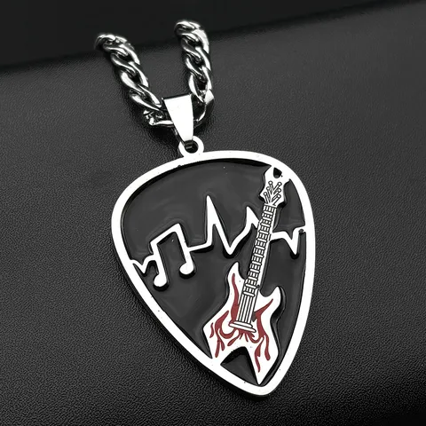 Stainless Steel Guitar Pick Pendant Necklace Music Notes Heartbeat Geometric Punk Cuban Chain Jewelry For Women Men